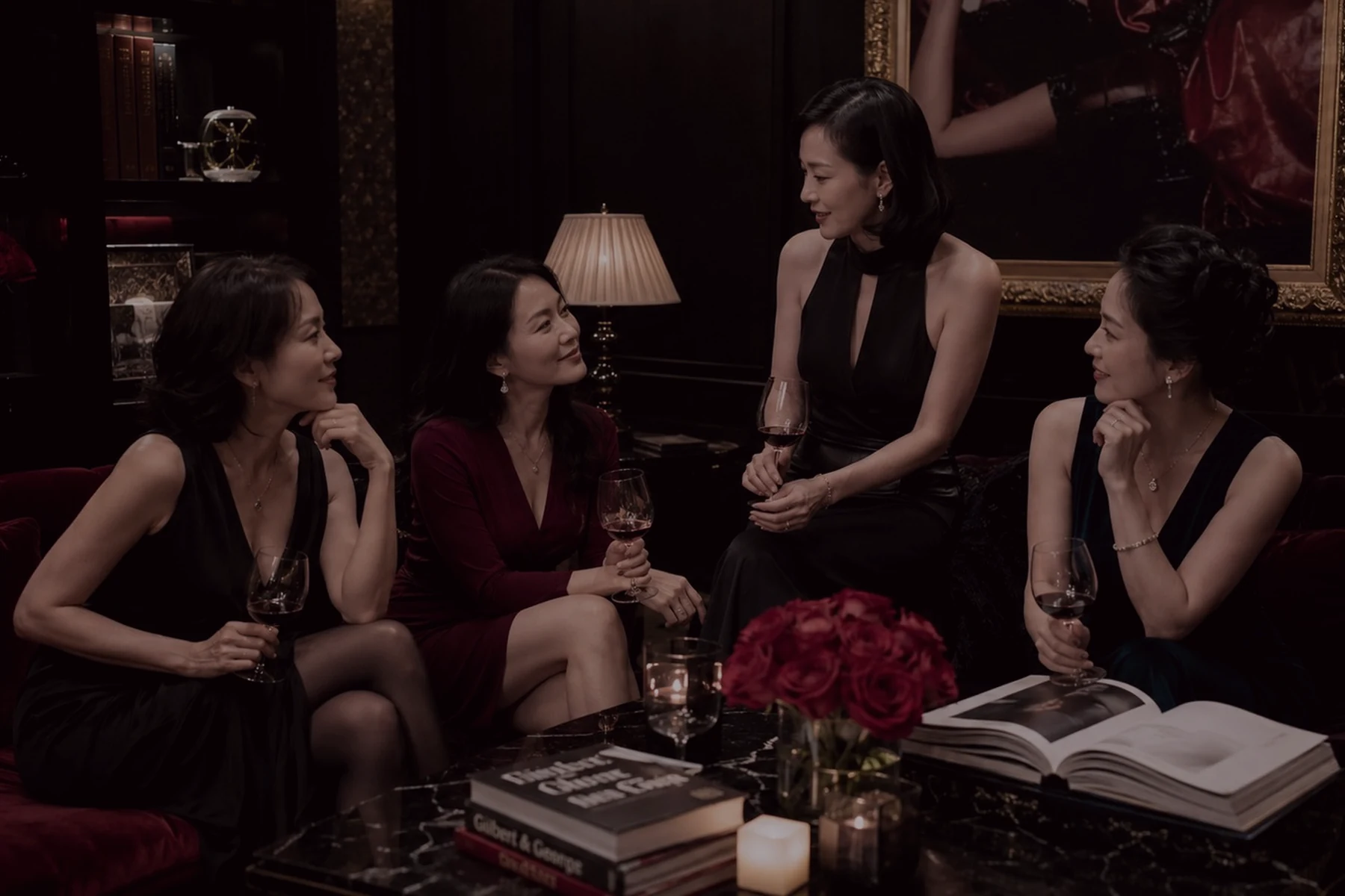 高端女性私人俱乐部的酒红低光沙龙氛围